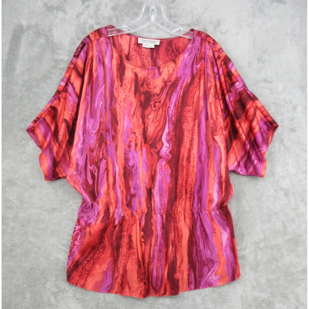 Kay Unger Top Womens Size 14 Pink Red Marble Silk Peplum Artsy Relaxed Boxy